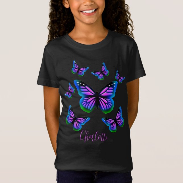 Söt lila rosa blue butterflies T-Shirt (Framsida)
