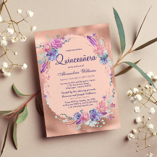 Söt Lila Rosa ros Guld Blommigt Quinceañera Inbjudningar