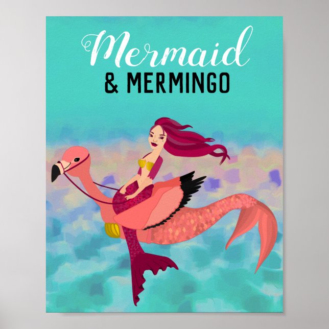 Söt Lila Sjöjungfru och Flamingo Mermingo Poster (Framsidan)