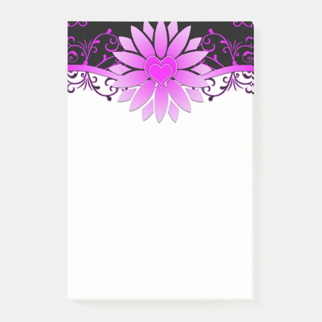 Söt lila svart vit blommig design post-it block (Framsida)