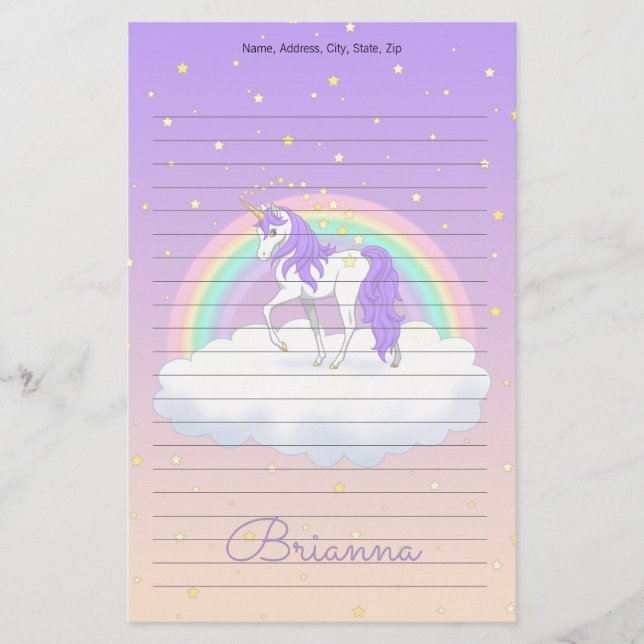 Söt Lila Sweet Dreams Rainbow Unicorn Brevpapper (Framsida)