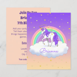 Söt Lila Sweet Dreams Rainbow Unicorn Inbjudningar
