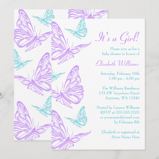Söt Lila Teal Butterfly Girl Baby Shower Inbjudningar (Fram/baksida)