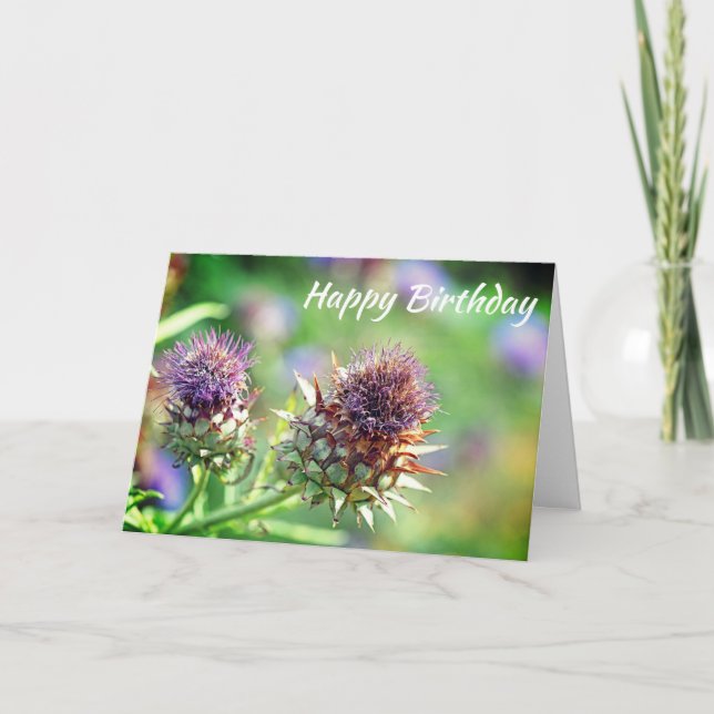Söt Lila Thistle Garden Flower Birthday Kort (Framsida)