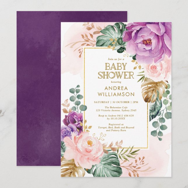 Söt Lila  Tropical Boho Chic Baby Shower Inbjudningar (Fram/baksida)