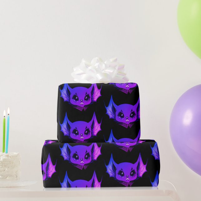 Söt lila vampyrfladdermus på svart Halloween- teck Presentpapper (Festgåvor)