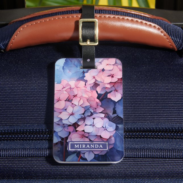 Söt Lila Vattenfärg Hydrangea Namn-mall Bagagebricka (Framsida Insitu 2)