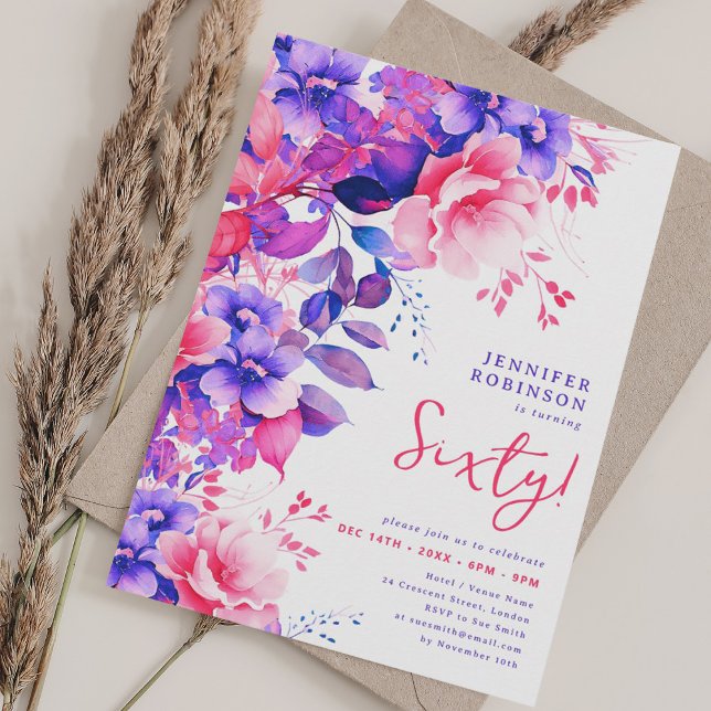 Söt Lila Vattenfärgad Blommigt 60:e födelsedagen Inbjudningar (Pretty Purple Watercolor Floral 60th Birthday Invitation)