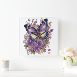 SÖT LILA VATTENFÄRGSMÖR OCH BLOMMOR FYRKANTIG KLOCKA