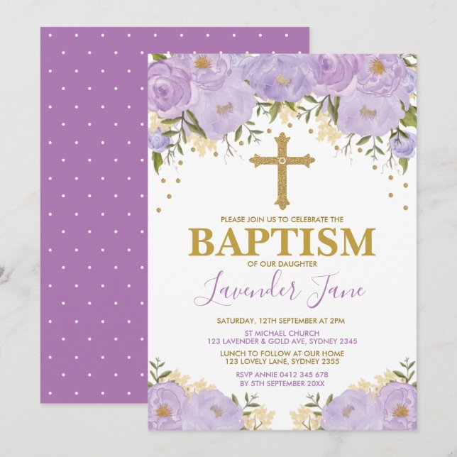 Söt Lila Watercolor Blommigt Girl Baptism Inbjudningar (Fram/baksida)