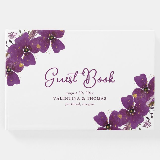 Söt Lila Watercolor Flowers Bröllop Gästböcker (Framsida)