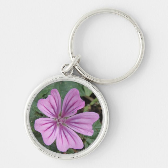 Söt Lila Wildblomma Keychain Rund Silverfärgad Nyckelring (Framsidan)