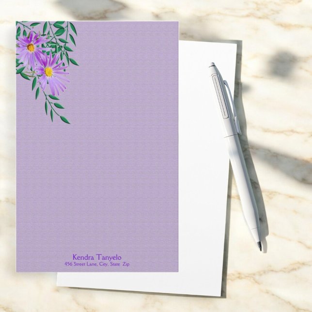 Söt Lila WildblomPhoto Gräns Anpassningsbar Brevpapper (stationery front floral corner purple texture background and white back)