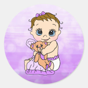 Söt lilla Baby med Nalle Lila Flicka Runt Klistermärke