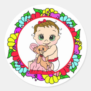 Söt lilla Baby med Nallens Blommigt Runt Klistermärke