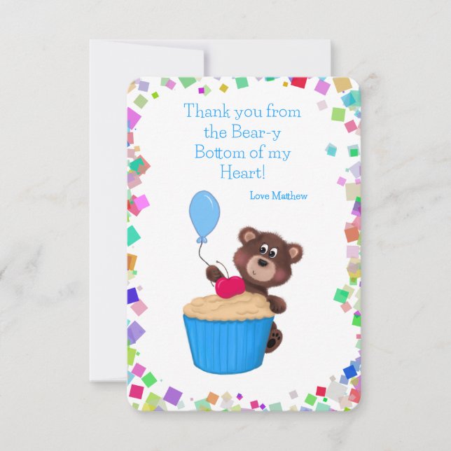 Söt Lilla Björn Blå Cupcake Födelsedag Tack Kort (Framsida)