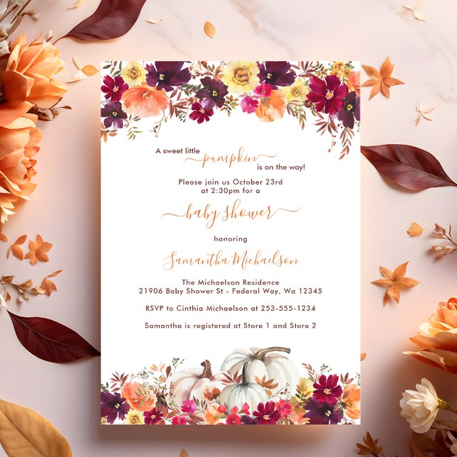 Söt lilla Blommigten Pumpkin Fall Baby Shower Inbjudningar (Sweet Little Pumpkin Fall Floral Baby Shower Invitation)