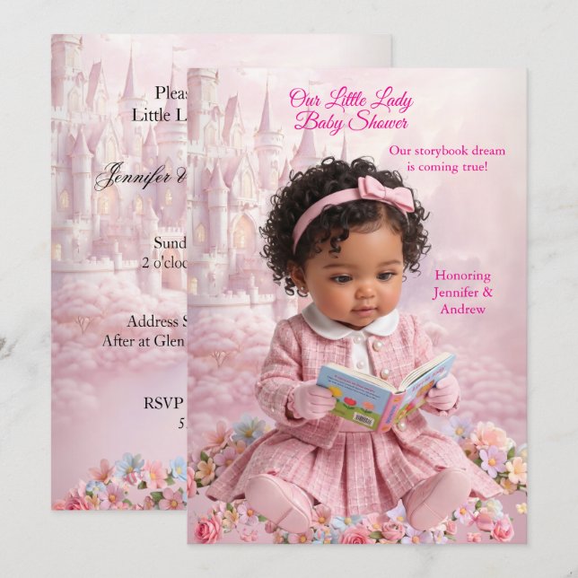 Söt lilla dam pink flicka baby shower bok etnisk inbjudningar (Fram/baksida)