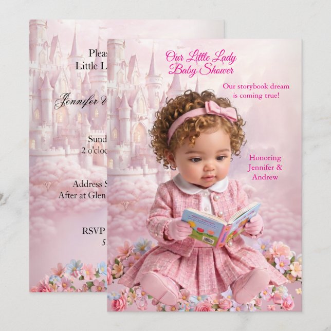 Söt lilla dam pink flicka bebis dusj bok inbjudningar (Fram/baksida)