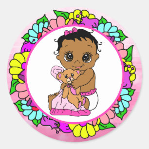 Söt lilla Ethnic Baby med Nalle Blommigt Runt Klistermärke