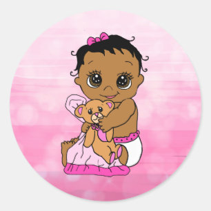 Söt lilla Etniska Baby med Nallens Rosa Runt Klistermärke