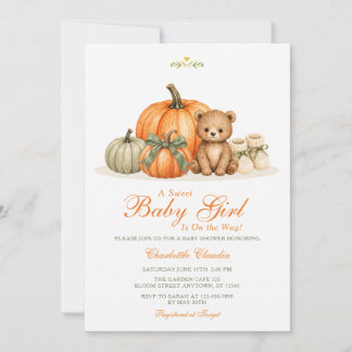 Söt lilla flicka Pumpa Björn Höst Baby Shower Inbjudningar