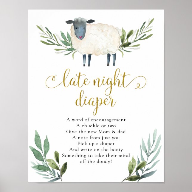 Söt lilla Lamb Greenery Late Night Diaper Sign Poster (Framsidan)