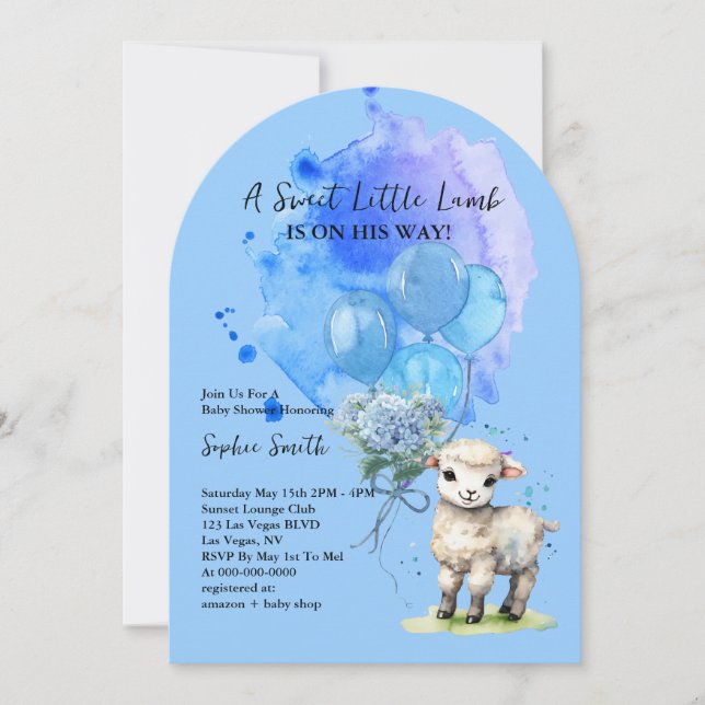 Söt lilla lamm Babyskor Blue Hydrangea Arch Inbjudningar (Framsida)
