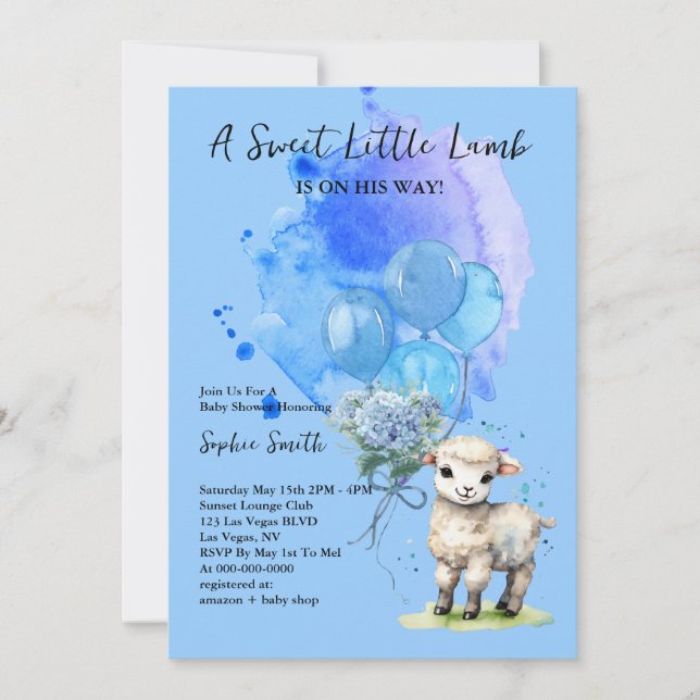 Söt lilla lamm Babyskor Blue Hydrangea Inbjudningar (Framsida)