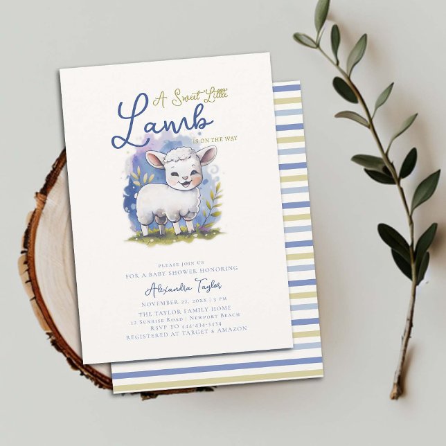 Söt lilla lamm Whimsical Blue Boy Shower Inbjudningar (little lamb boy baby shower invitation watercolor cute character adorable sweet blue green elegant)