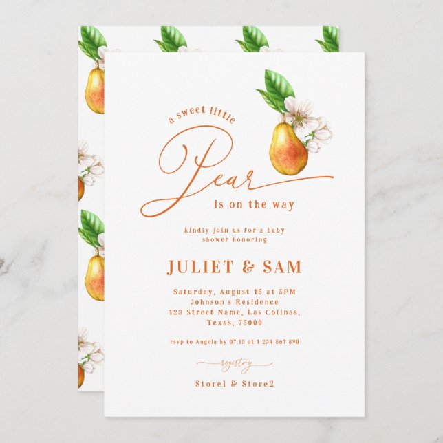 Söt lilla Pear Gender Neutral Baby Shower Inbjudningar (Fram/baksida)