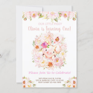 Söt lilla Piggy Gris Girl Birthday Inbjudan. Inbjudningar