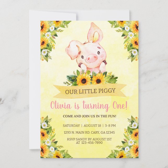 Söt lilla Piggy Gris Girl Birthday Inbjudan. Invit Inbjudningar (Framsida)
