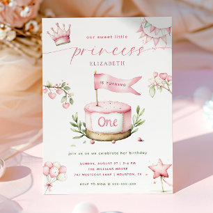 Söt lilla prinsessa Rosa tårta 1-års födelsedag Inbjudningar