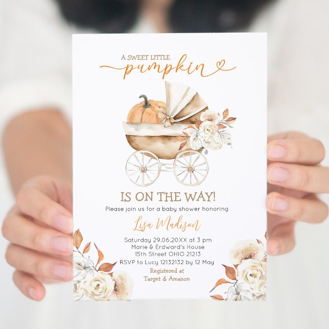 Söt lilla Pumpkin Barnvagn Blommigt Baby Shower Inbjudningar (Skapare uppladdad)