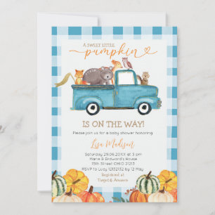 Söt lilla Pumpkin Blue Gingham Fall Baby Shower Inbjudningar
