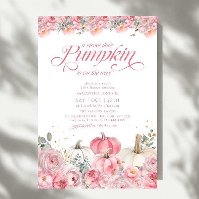 Söt lilla Pumpkin Rosa Blommigt Fall Baby Shower Inbjudningar (Skapare uppladdad)