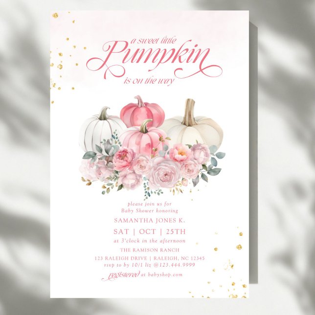 Söt lilla Pumpkin Rosa Blommigt Fall Baby Shower Inbjudningar (Skapare uppladdad)