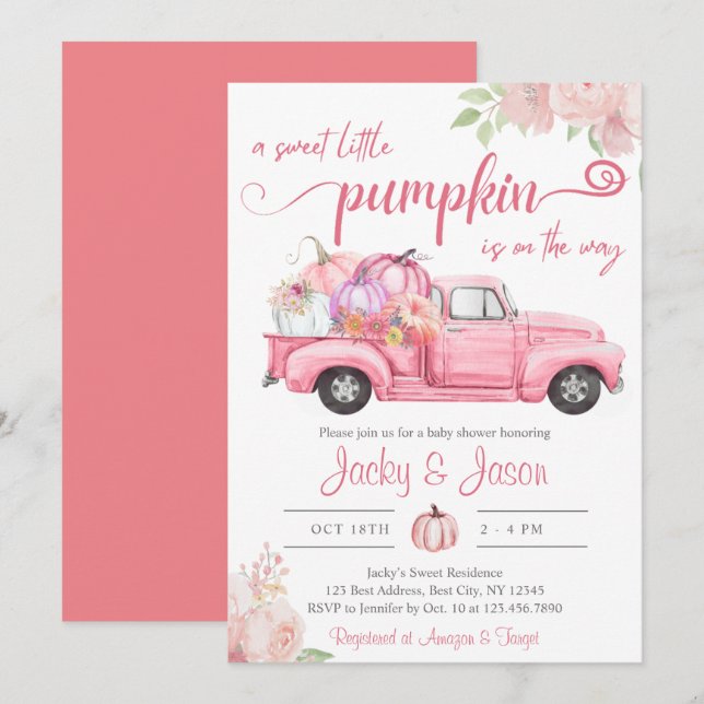 Söt lilla Pumpkin Rosa Girl Baby Shower Inbjudningar (Fram/baksida)