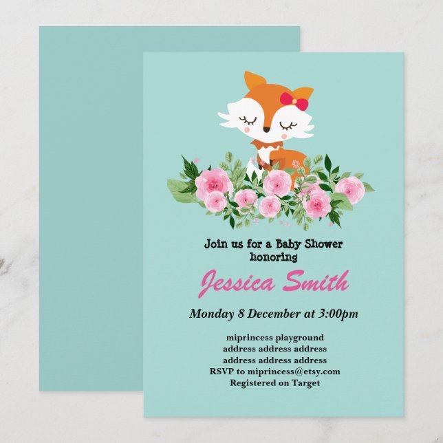 söt lilla räv baby shower inbjudan (Fram/baksida)