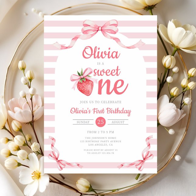 Söt lilla Strawberry Girl 1-årsdag Inbjudningar (Cute Sweet One Strawberry Girl 1st Birthday Invitation)