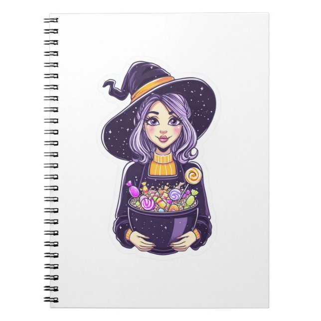 Söt lilla Witch med Magic Candy Bowl Anteckningsbok (Framsidan)