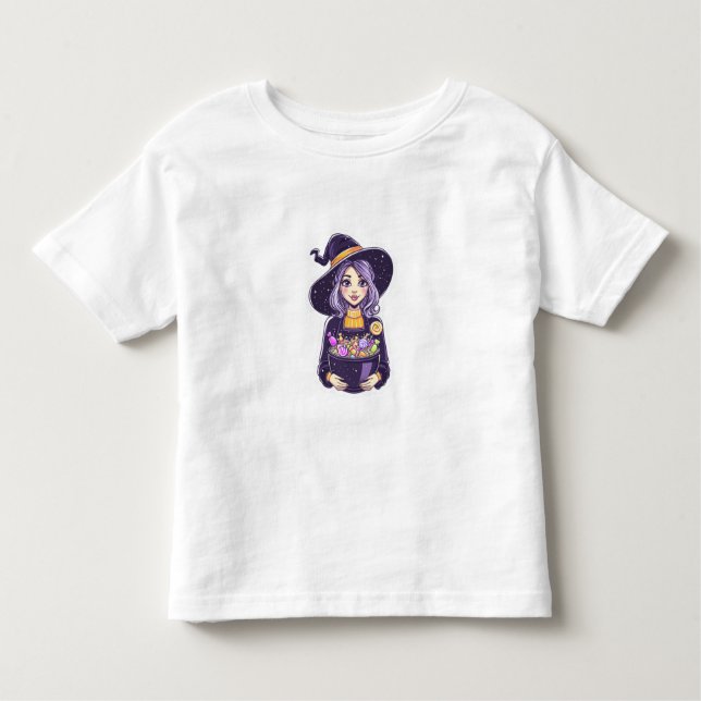 Söt lilla Witch med Magic Candy Bowl T Shirt (Framsida)
