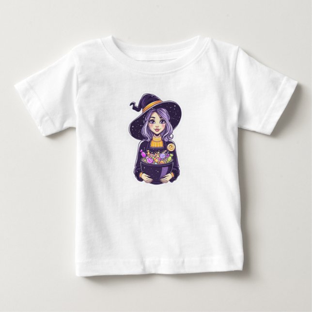 Söt lilla Witch med Magic Candy Bowl T Shirt (Framsida)