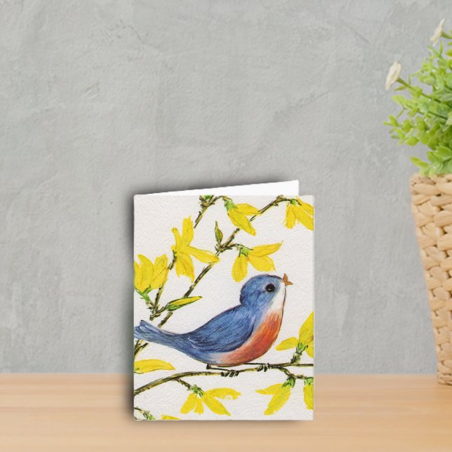 Söt lite fågel Notecard Kort (Little red and blue singing bird on branch yellow flowers on faux textured white notecards.)