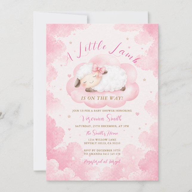 Söt lite lamm Baby Shower Rosa molntema Inbjudningar (Framsida)