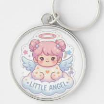 Söt liten ängel Chibi-flicka Rund Nyckelring