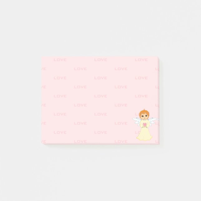 Söt liten ängel & Kärleksmönster på rosa Post-it Block (Framsida)