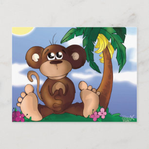 Söt liten apa som sitter bredvid bananträdet vykort