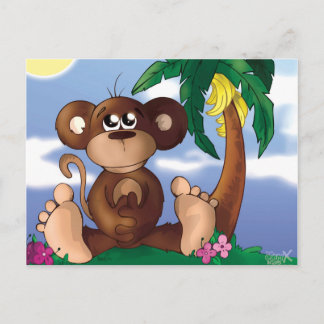 Söt liten apa som sitter bredvid bananträdet vykort